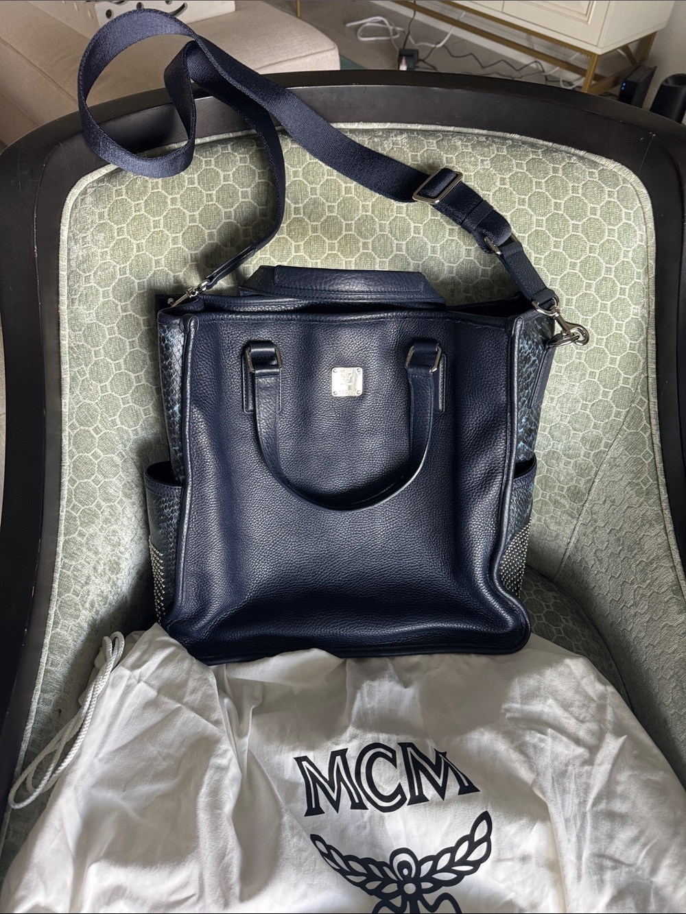 MCM Navy Blue Leather Messenger Bag with Adjustable Crossbody Strap and MCM dust